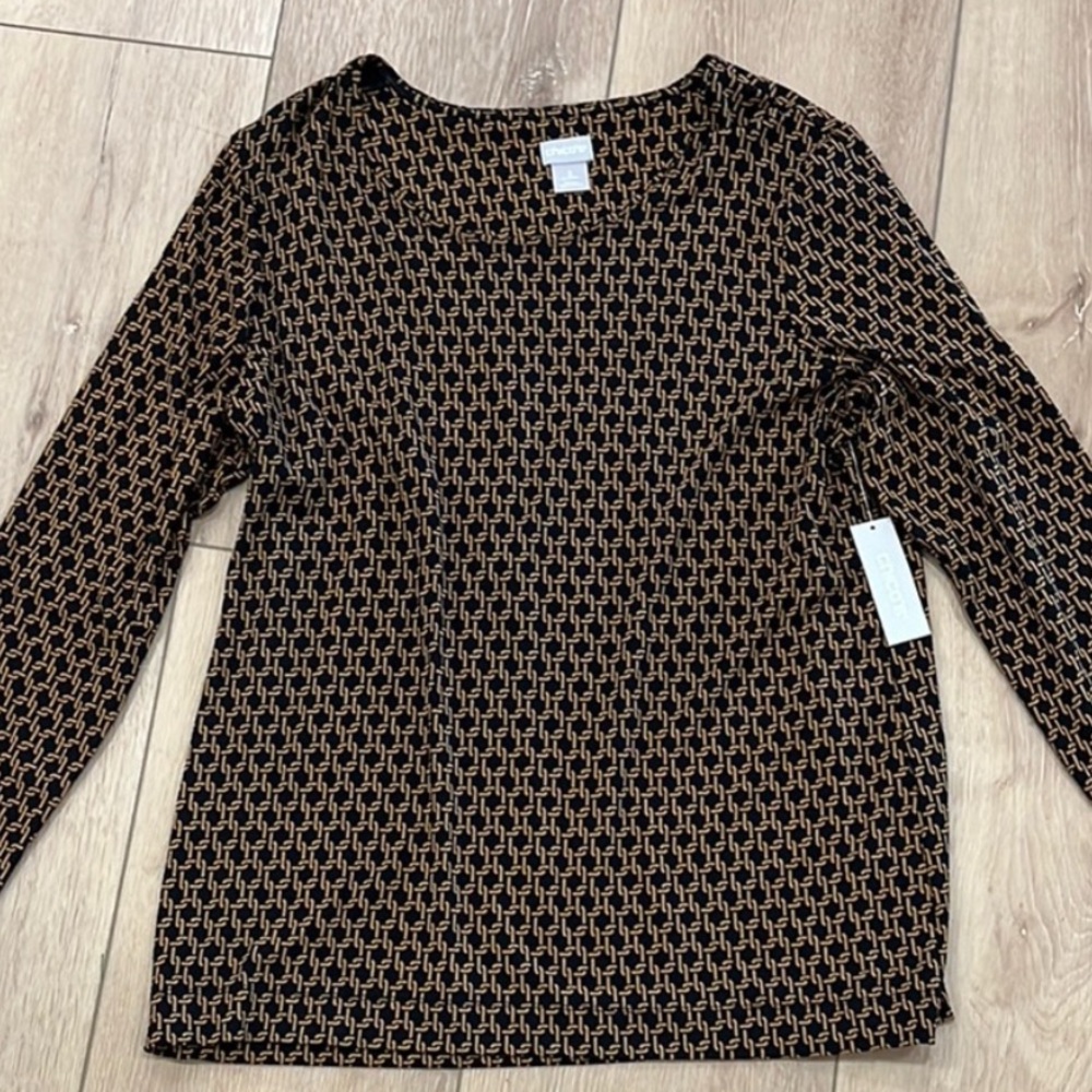 Chico's Black and Gold Patterned Top Blouse Woman’s Size 2. New With Tags